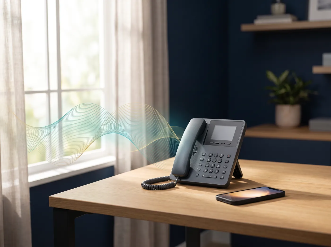 A desk phone and smartphone with a soft glowing wave suggesting an AI voice assistant answering a call