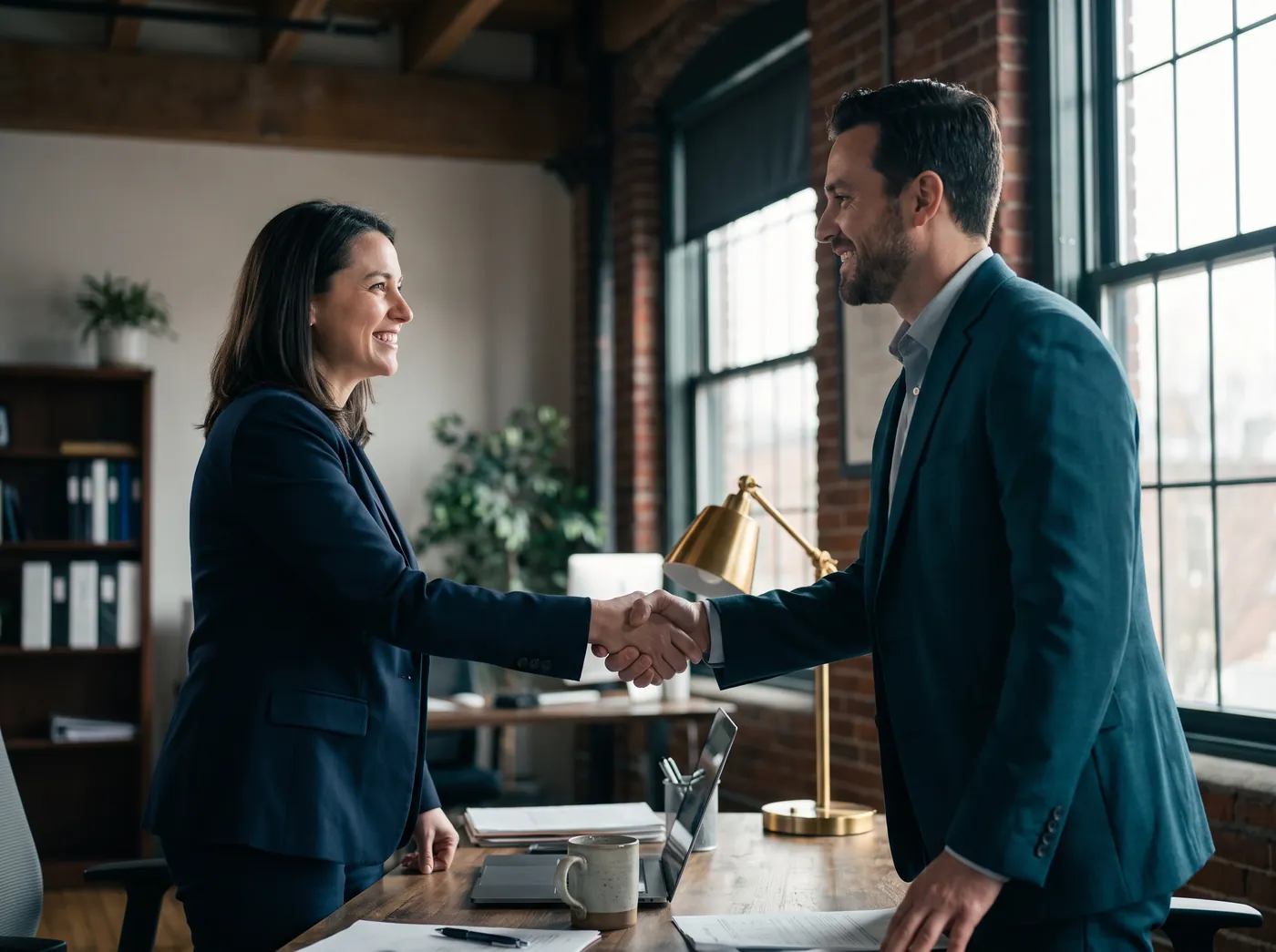 A hiring manager shaking hands with a new hire in a small business office