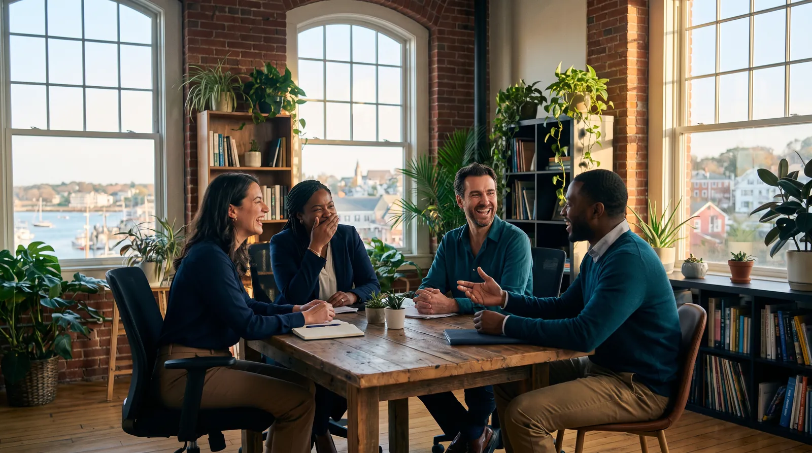 A small business team meeting and laughing together in a bright New England office