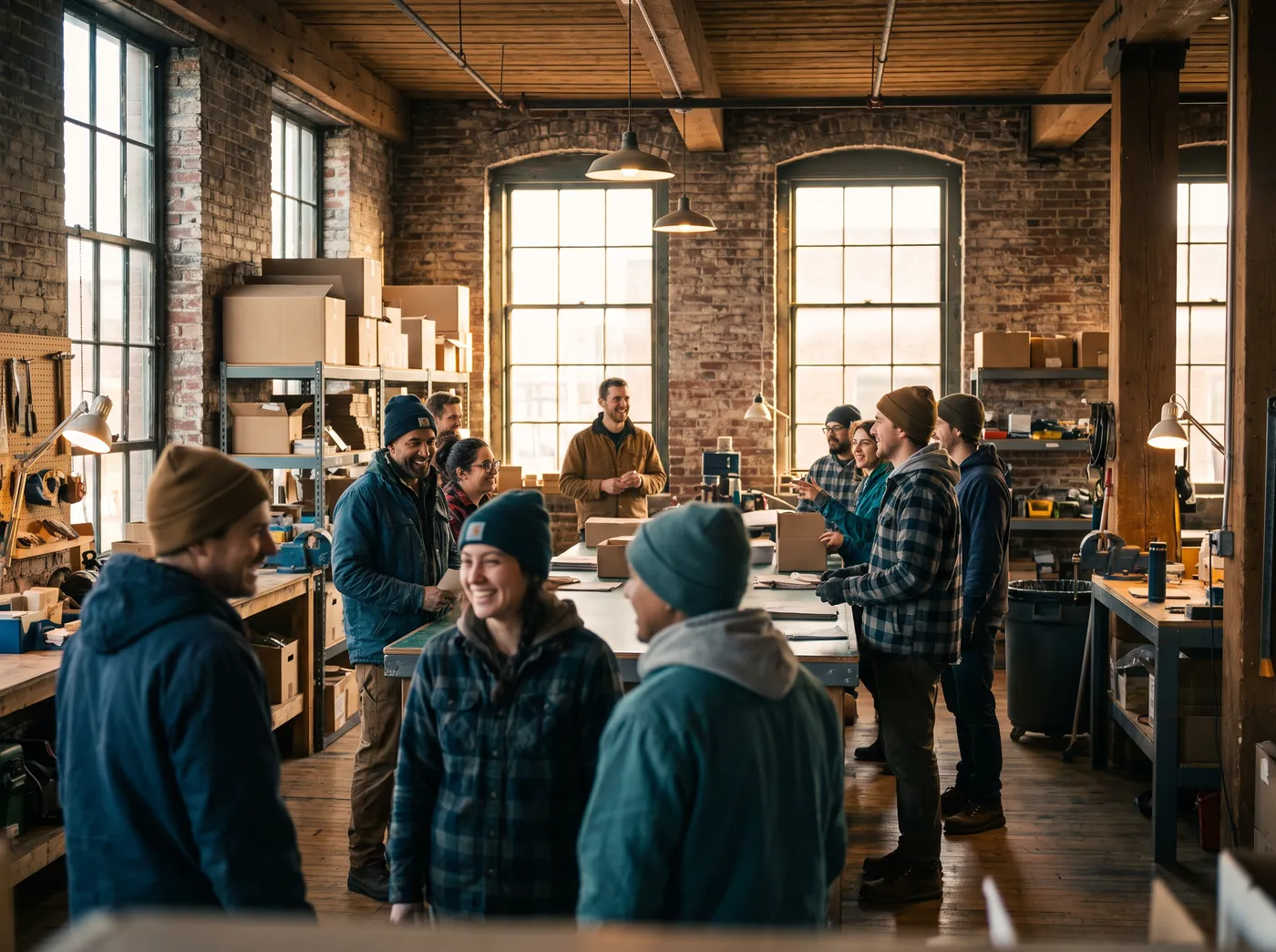 A diverse team of temporary and contract workers collaborating in a light-industrial workplace